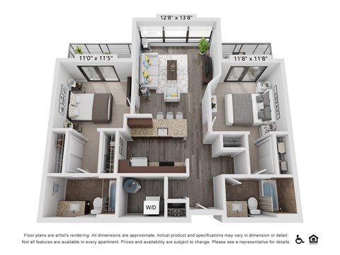 Floor plan for 2 beds, 2 baths, 987 sqft
